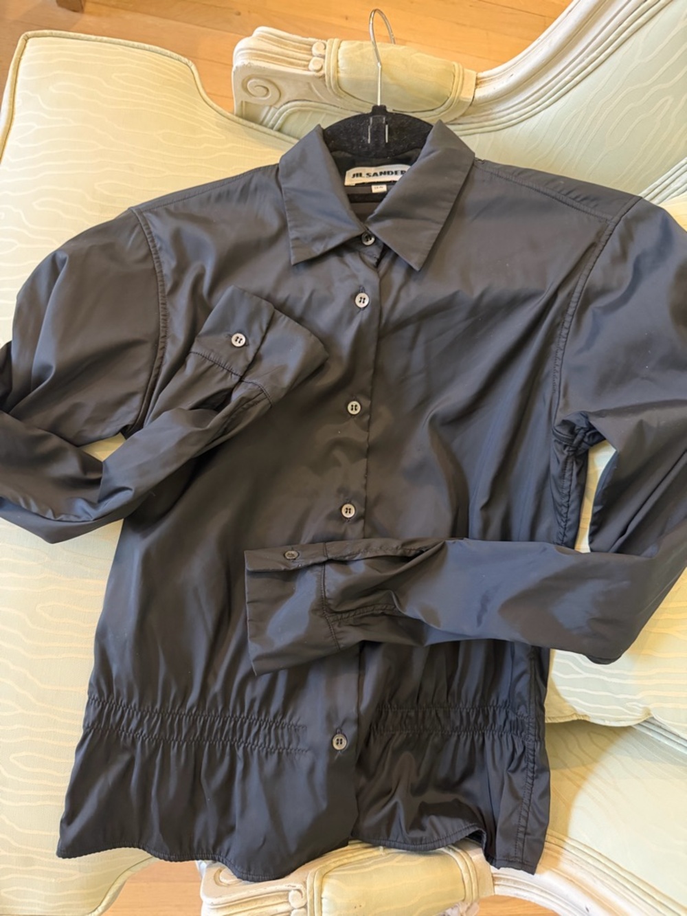 Jil Sander Black Button-Front Collared Nylon Blouse Gathered Waist - Picture 3 of 8